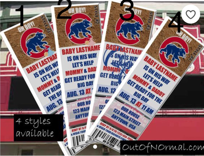 Chicago Cubs CHC Baseball Baby Shower Invitation Ticket Style