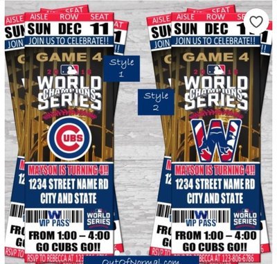 Chicago Cubs World Series MLB Baseball Birthday Invitation Ticket Style