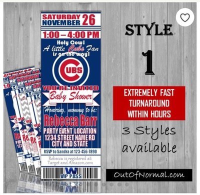 Chicago Cubs Baseball Baby Shower Invitation Ticket Style