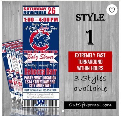 Chicago Cubs Baseball Baby Shower Invitation Ticket Style