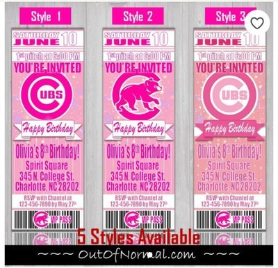 Chicago Cubs PINK Girl MLB Baseball Birthday Invitation Ticket Style
