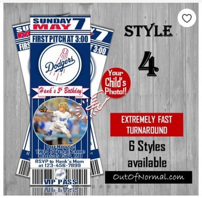 Los Angeles Dodgers LAD Photo MLB Baseball Birthday Invitation Ticket Style