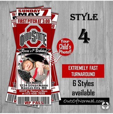 Ohio State Buckeyes College NCAA Birthday Invitation Ticket Style