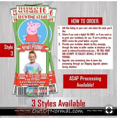 Peppa Pig Nick JR TV George Pig Birthday Invitation Ticket Style