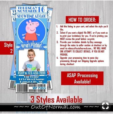 Peppa Pig Nick JR TV George Pig Birthday Invitation Ticket Style
