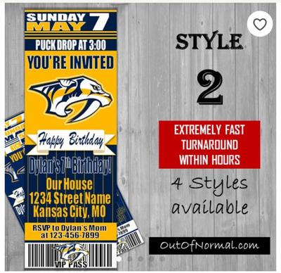 Nashville Predators NHL Hockey Birthday Invitation Ticket Style