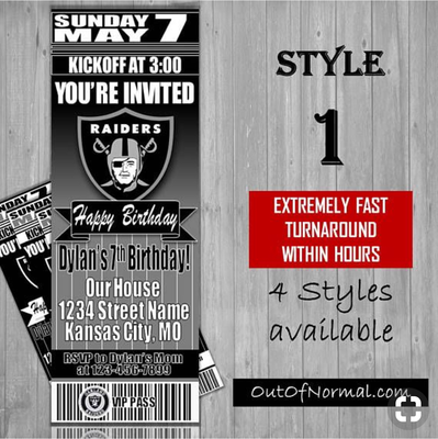 Oakland Raiders NFL Football Birthday Invitation Ticket Style