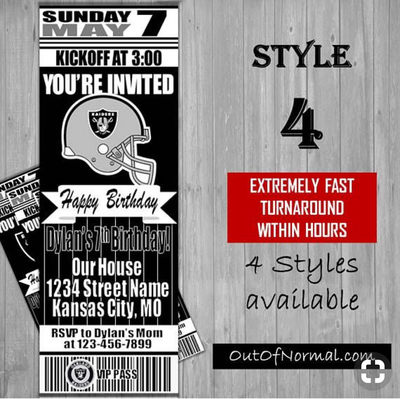 Oakland Raiders NFL Football Birthday Invitation Ticket Style