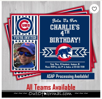 Chicago Cubs Photo MLB Baseball Birthday Invitation 5"x7"
