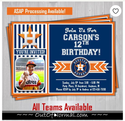 Houston Astros Photo MLB Baseball Birthday Invitation 5"x7"