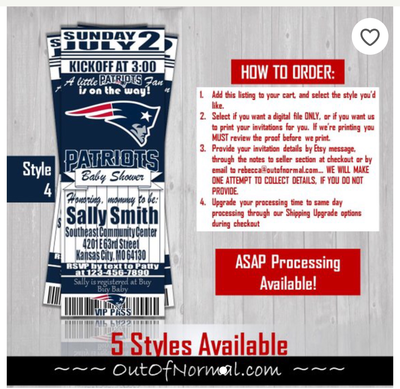New England Patriots NFL Football Baby Shower Invitation Ticket Style