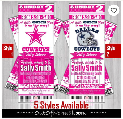 Dallas Cowboys NFL Football Baby Shower Invitation PINK Ticket Style