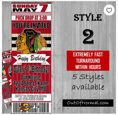 Chicago Blackhawks NHL Hockey Birthday Invitation Ticket Style