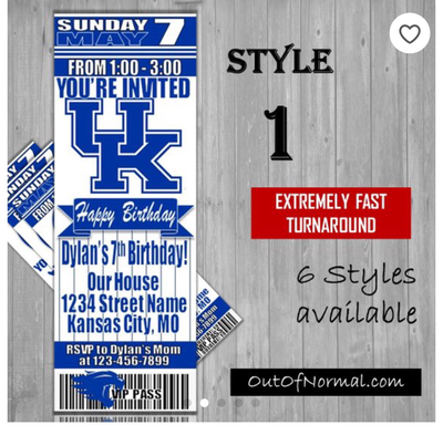 Kentucky Wildcats College NCAA Birthday Invitation Ticket Style