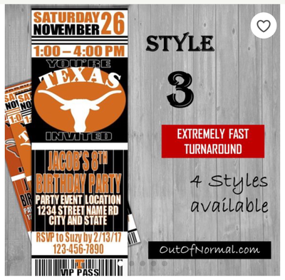 Texas Longhorns College NCAA Birthday Invitation Ticket Style