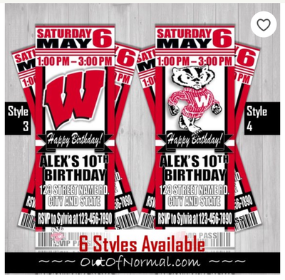 Wisconsin Badgers College NCAA Birthday Invitation Ticket Style