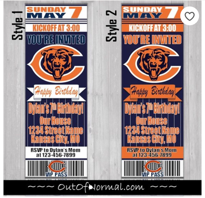 Chicago Bears NFL Football Birthday Invitation Ticket Style