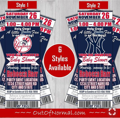 New York Yankees Baseball Baby Shower Invitation Ticket Style