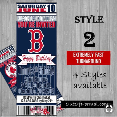 Boston Red Sox Classic MLB Baseball Birthday Invitation Ticket Style