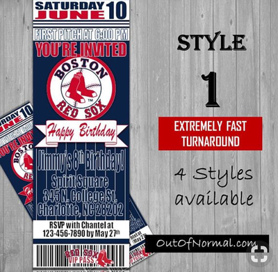 Boston Red Sox Classic MLB Baseball Birthday Invitation Ticket Style