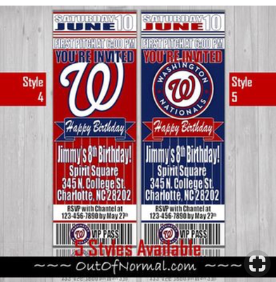 Washington Nationals Classic MLB Baseball Birthday Invitation Ticket Style