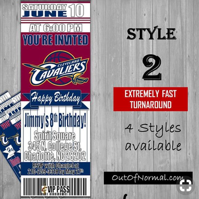 Cleveland Cavaliers NBA Basketball Birthday Invitation Ticket Style