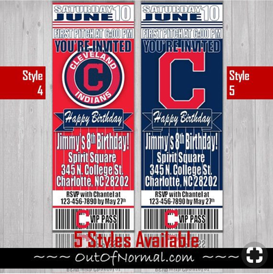 Cleveland Indians MLB Baseball Birthday Invitation Ticket Style