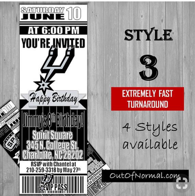 San Antonio Spurs NBA Basketball Birthday Invitation Ticket Style