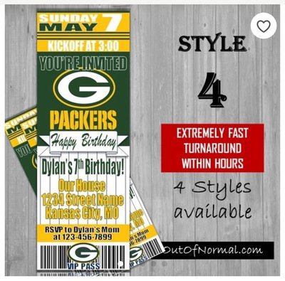 Green Bay Packers NFL Football Birthday Invitation Ticket Style