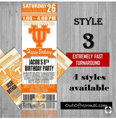 Tennessee Volunteers College NCAA Birthday Invitation Ticket Style