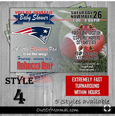 New England Patriots NFL Football Baby Shower Invitation 4"x6"
