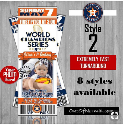 Houston Astros 2017 World Series Birthday Invitation Ticket Style with PHOTO