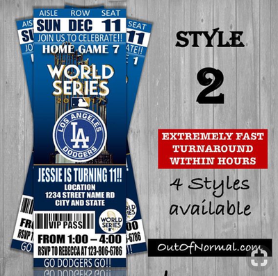 Los Angeles LA Dodgers 2017 World Series Birthday Invitation Ticket Style