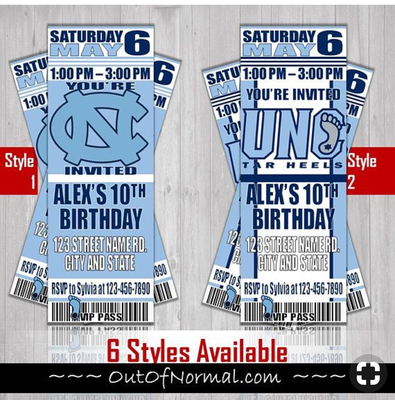 North Carolina Tar Heels UNC NCAA Birthday Invitation Ticket Style