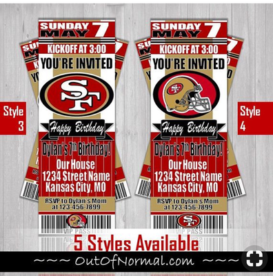 San Francisco 49ers NFL Football Birthday Invitation Ticket Style