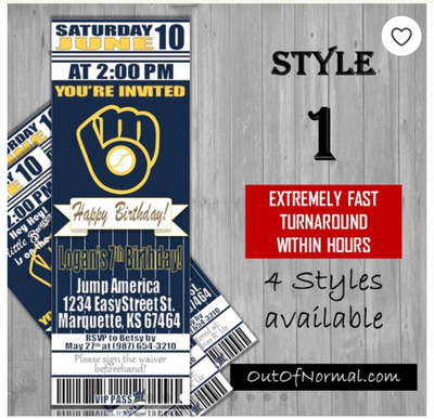 Milwaukee Brewers MLB Baseball Birthday Invitation Ticket Style