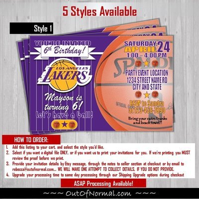 Los Angeles LA Lakers Basketball Birthday Invitation 4"x6"