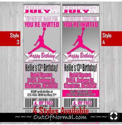 Jumpman PINK NBA Ticket Style Birthday Invitation -- MJ Michael Jordan Nike 23