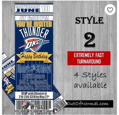 Oklahoma City Thunder NBA Basketball Birthday Invitation Ticket Style