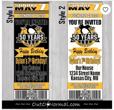Pittsburgh Penguins NHL Hockey Birthday Invitation Ticket Style