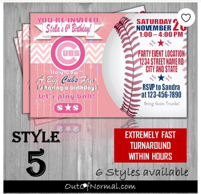 Chicago Cubs PINK Baseball Birthday Invitation 4"x6" MLB