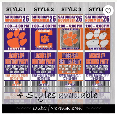 Clemson Tigers College NCAA Birthday Invitation Ticket Style