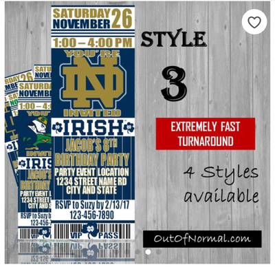 Notre Dame Fighting Irish College NCAA Birthday Invitation Ticket Style