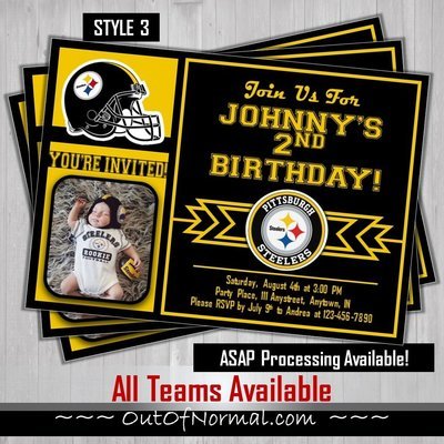 Pittsburgh Steelers NFL Football Birthday Invitation 5x7 with pic