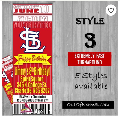 St. Louis Cardinals MLB Baseball Birthday Invitation Ticket Style