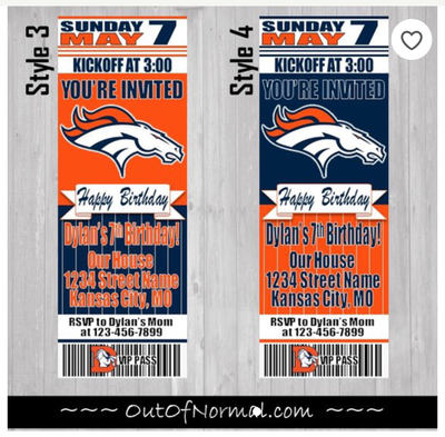 Denver Broncos NFL Footballl Birthday Invitation Ticket Style