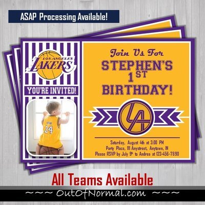 Los Angeles LA Lakers NBA Basketball Birthday Invitation 5x7 with pic