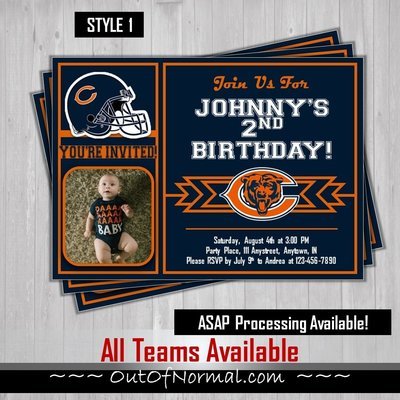 Chicago Bears NFL football Birthday Invitation 5x7 with pic