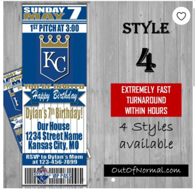 Kansas City Royals KC Classic MLB Baseball Birthday Invitation Ticket Style