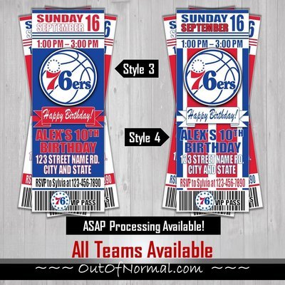 Philadelphia 76ers Sixers NBA Basketball Birthday Invitation Ticket Style